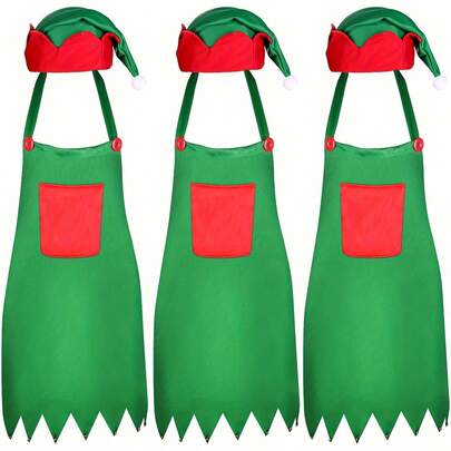 2 pièces Ensemble de tablier lutin de Noël et bonnet de Père Noël - Accessoires de cuisine clochette de lutin, décorations de Noël, décorations de cuisine de Noël, fournitures pour fête de Noël, poche verte et rouge saisonnière - Décorations d'Halloween et de Noël