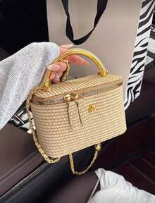 1pc New Minimalist Casual Versatile Woven Straw Lunch Box Bag, Chain Strap Shoulder Crossbody Bag, Holiday Best Seller Small Shoulder Crossbody Bag - 卡其色 - 查看 2