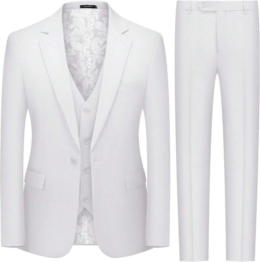 Men's 3 Piece Suit Slim Fit Solid One Button Party Wedding Tuxedo Suits Blazer Jacket Vest Pants Set - trắng - Xem 1