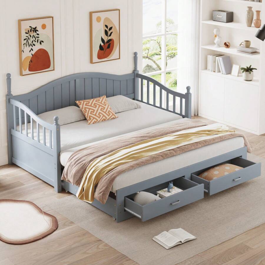 Solid Wood Pull-Out Sofa Bed 90/180*190 Cm, With Roman Columns, With Curved Backrest And Armrests, With Drawers And Slatted Frame, Multifunctional Bed Made Of Pinewood, Grey - Grey + Wood + 90cm*190cm - View 1