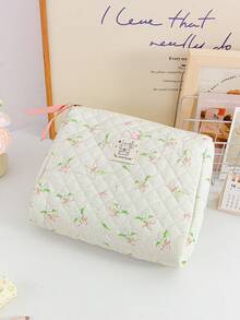 Lily Of The Valley Print Makeup Bag Foam Quilted Cosmetics Storage Bag Fresh Green Flower Pattern Toiletry Bag Large Capacity Cosmetics Storage Bag Set Portable Handheld Travel Makeup Pouch Pink Bow Decor Skincare Storage Bag Girlish Makeup Clutch Bag - Green - View 18