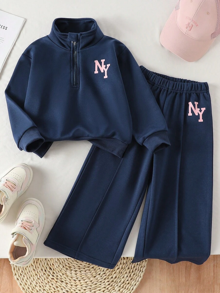 Girls Sweatshirt Set, New Autumn Fashion Casual Solid Color Versatile Minimalist Style Letter Print Funnel Neck Half-Zip Long Sleeve Top And Gray Straight Pants 2pcs Set