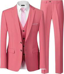 Men's 3 Piece Suit Set With Tie, 2 Button Vest & Pants, Business Wedding Party Prom Suit - 粉色 - 查看 5