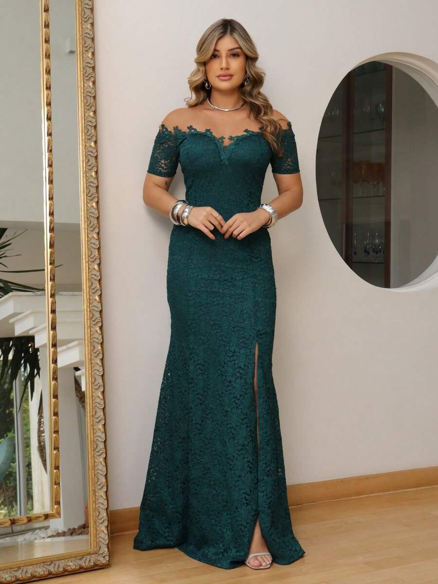 Long Off-The-Shoulder Party Dress In Shiny Lace - Dark Green - View 1