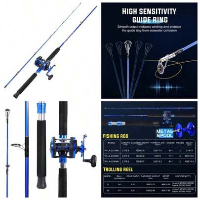 Fishing Rod Combo, 2 - Piece Trolling Fishing Reel Combo With 3.8: 1 Gear Ratio 3+1 Bearings, Aluminum Reel SaltwaterBig Game Fish
