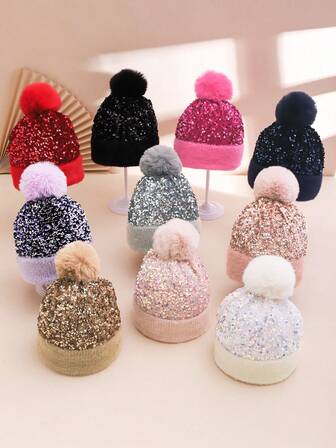 1 st. dammössa med färgglad paljett- och fuskpälspompom, mjuk och varm, stickad mössa, trendig för fester, sammankomster, scenframträdanden, höst/vinter