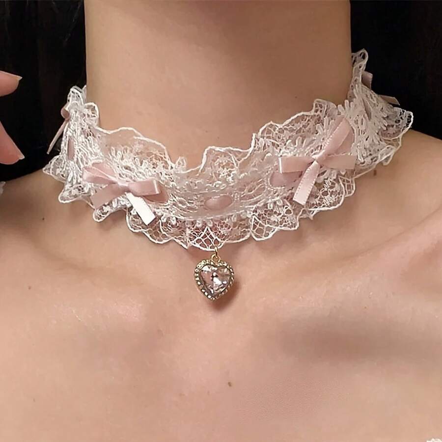 Y2K Cute Bow And Heart Choker Necklace - Glass Bead Lace Detail, Black And White Contrast, Lightweight Polyester Fiber Jewelry, Valentine's Day, Birthday Gift, Daily And Party Wear - 粉色 - 查看 1