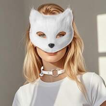 4 Pcs Faux Fur Therian Mask And Tail Set For Women Halloween Furry Cat Ears Fox Mask Paw Tail Choker Cos Accessories,24196895 - trắng - Xem 2