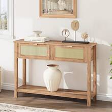 Mesa consola con ratán boho, 2 cajones y 2 niveles, mesa de recibidor con compartimento de almacenamiento abierto para sala de estar, pasillo, zona de entrada - natural - Ver 8
