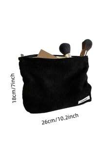 1 pieza Bolsa de maquillaje negra, bolso de mano de pana retro minimalista con cremallera suave, organizador de cosméticos y artículos de papelería de uso múltiple para uso diario, campus y casual - Multicolor - Ver 3
