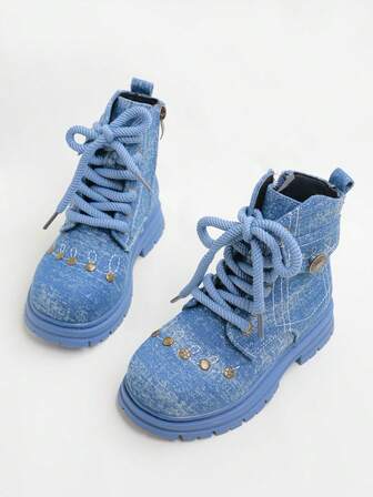 1 Pair Children's Round Toe Boots With Side Zipper And Front Lace, Casual Daily Wear, Suitable For School And Commute, Autumn/Winter