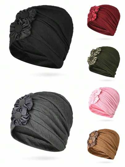 1pc Women's Elastic Pleated Headscarf, 3D Floral Applique, Solid Color Minimalist Fabric, Turban Style, Vintage Elegant, Breathable, Suitable For Daily Wear, Vacation, Art Events, Gatherings, Casual Occasions, Retro Fashion