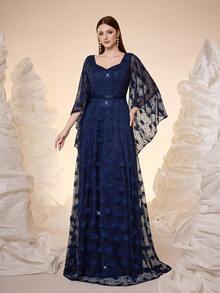 口袋款，新款，V领，高贵典雅，晚礼服，精致刺绣，腰带，荷叶袖，长款，适合舞会、婚礼、派对、婚礼宾客等场合，春季晚礼服 - 藏蓝色 - 查看 4