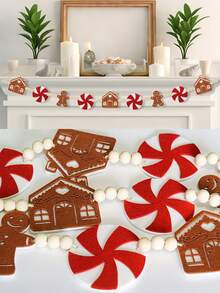 1 pièce Guirlande d'homme en pain d'épices de Noël, bonbons d'homme en pain d'épices et couronne de perles en bois, guirlande décorative d'homme en pain d'épices de Noël, décoration de cheminée couronne de Noël, bannière suspendue pour la cour et le jardin, convient pour les fêtes de Noël et du Nouvel An