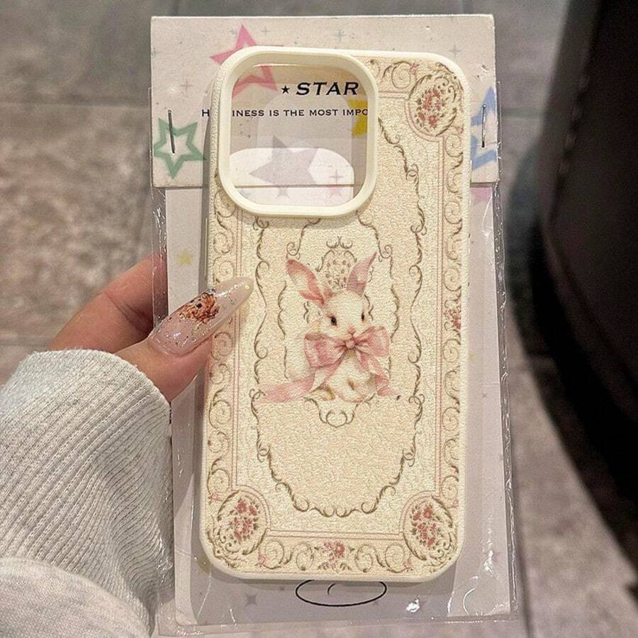 1pc TPU Material Elegant Sweet Pink Bow Bunny Pattern Phone Case Compatible With IPhone 17 Pro Max/17/16 Pro Max/15/13/12/11, S20 FE/A15/S24/A55, Redmi Note 11/Note 12/Note 13 Pro, Full Coverage Anti-Drop Soft Shell Phone Protective Cover - White - View 1