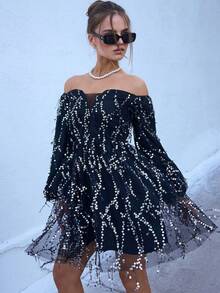 Joyfunear Women's Fringe & Sequin Embellished Off Shoulder Long Sleeve Dress, Suitable For Spring, Summer, Autumn, Winter - Black - View 8