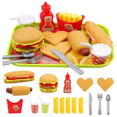 Juego de comida rápida para jugar a la cocina de los niños, accesorios de cocina de juego, alimentos de juguete con hamburguesa y comida de plástico para perros calientes para juegos de