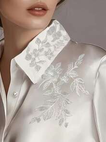 Women Satin Embroidery Floral Pattern Blouse - Silver - View 3