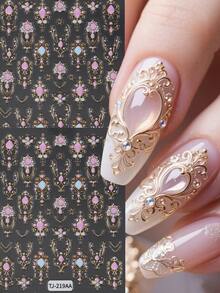 2片金属波西米亚风美甲贴纸 5D粉色宝石图腾哥特式设计 Y2K 自粘凝胶指甲油贴片 DIY 优雅美甲用品 - 彩色 - 查看 2