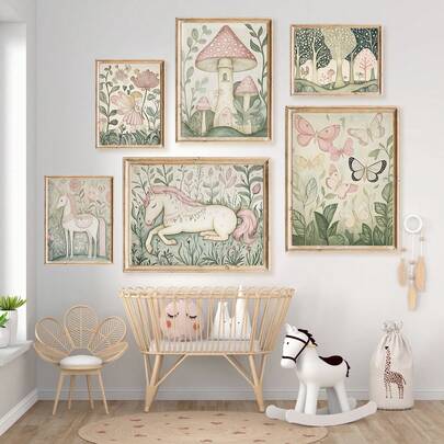 1 pieza, Arte de pared de lienzo, Decoración de pared de guardería enmarcada, Arte de galería del bosque encantado vintage para habitación de niños, con hadas rosas, unicornios, mariposas y setas, Arte floral bohemio, Perfecto para la decoración de la habitación de los niños, Decoración de la guardería, Decoración de pared para dormitorio de niños y niñas, Ideal para decoraciones de fiestas, Decoración de aulas de guardería, Decoración de preescolar, Decoración de la habitación de la guardería, Decoración de la sala de juegos, Pósteres de guardería
