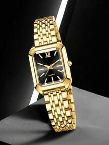 4pcs Set, Women's Watch, Fashionable Luxury Minimalist Women's Watch, Paired With Black & White Floral Design Bracelet, Alloy Material, Suitable For Daily Wear, Women's Watch & Bracelet Set, Gift For Girlfriend