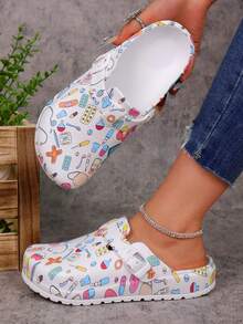 pueenb Women's Fashion Cartoon Print Closed Toe Shoes, Wooden Clog-Style All-Season Work Shoes, Lightweight Flat Perforated Shoes, Comfortable Soft Soles, Adjustable Buckle Closure, Closed Toe, Suitable For Beach, Garden And Autumn Wear - White - View 3