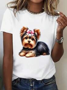 Camiseta Oversize para Mujer de Corte Holgado y Manga Corta Estilo Boho Chic - Blusa de Algodón con Cuello Redondo y Estampado Único - blanco - Ver 4