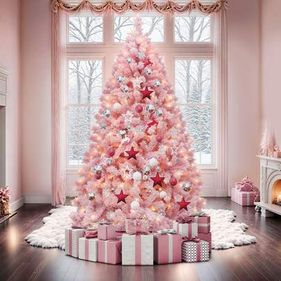 BALCONERA 182cm Pre-Lit Pink Flocked Spruce Artificial Christmas Tree With 928 PVC Tips 250 Warm-White Lights For Home Office Decoration,Valentine's Day Applicable