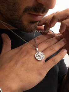 1pc 18K Gold Plated Stainless Steel Viking Compass Pendant Necklace, Metal Coin Badge Stylish Versatile Cross Chain For Men - Multicolor - View 2