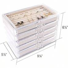 Frebeauty Extra Large Acrylic Jewelry Box For Women Girls 5 Layers Clear Velvet Earring Organizer With 5 Drawers Rings Display Case Necklaces Holder Tray Beige