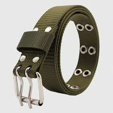 Women's Nylon Web Belt With Silver Buckle - Olive Green - 軍綠色 - 查看 1