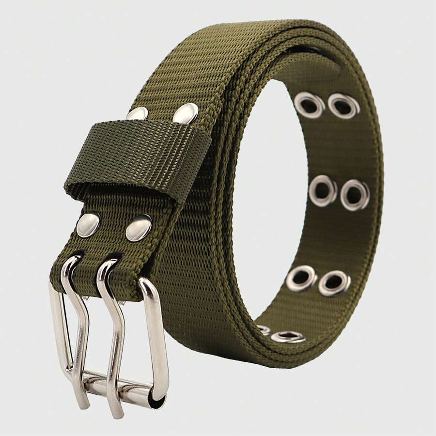 Women's Nylon Web Belt With Silver Buckle - Olive Green - 軍綠色 - 查看 1