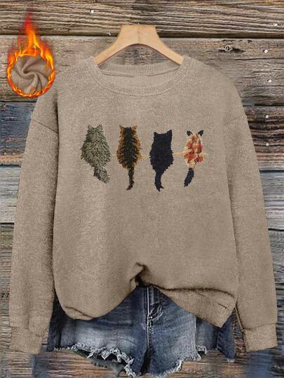 Women's Casual Cat Back Print Knitted Long Sleeve Top, Suitable For Autumn/Winter, Faux Wool Knit Sweater, Suitable For Cat Lovers, Warm And Comfortable, Back To School Clothes, School Outfit Ideas, Back To School Essentials, First Day Of School Outfit, Back To School Outfits 2026