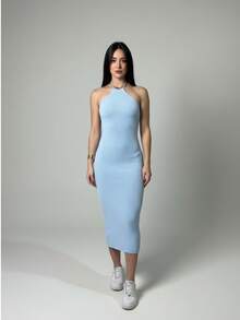 Vestido Midi Frente Única Amarração Pescoço Tricot Verão  Simples    Costas nuas / sem costas  Assimétrico    Casamento  Formal e Noturno - Azul bebê - Visão 3