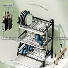 3-Tier Dish Drainer Organizer Black Stainless Steel Rack - 黑色 - 查看 4