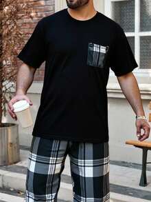 Conjunto de dos piezas de ropa de dormir para hombre, con pantalones de manga larga y estampado a cuadros, para otoño e invierno,Set de 2 piezas Pijama de manga corta ligero para hombre, Conjunto de ropa de casa a rayas y a cuadros para hombre en primavera y verano - Negro - Ver 3