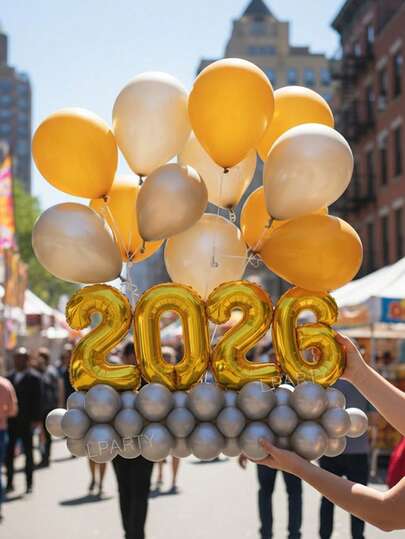 61pcs/Set New Year Party Decorations Balloons, 16" Gold "2026" Slogan Balloons For New Year's Eve Celebration, 12" Gold & Silver Latex Balloons, 10" Pearl White Latex Balloons, 5" Metallic Silver Latex Balloons, Suitable For Beer Party, Singles Party, Christmas