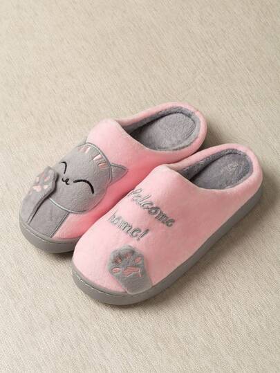 Women's Cartoon Cat Plush Slippers, Cute Animal Embroidered Fabric Lining Fluffy Warm Casual Indoor Slippers For Autumn/Winter (Suggest Ordering One Size Up)