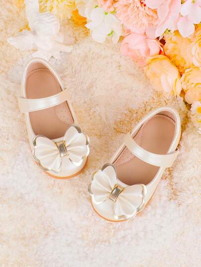 Champagne Bow Accent Flats For Toddler Girls, Outdoor Party / Casual Wear
