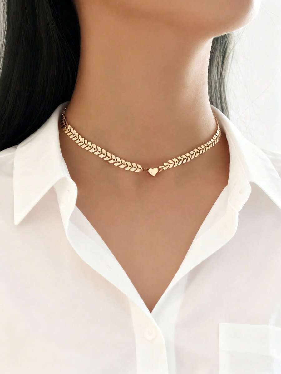 1pc Minimalist Chic Herringbone Chain Heart Pendant Necklace, Elegant Women Jewelry - Necklace - View 1