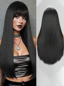 [Heat Resistant Synthetic Wig] Heat Resistant 28inch Long Straight Synthetic Wig With Bangs - Natural Looking Soft Hair For Daily Wear, Cosplay, Halloween, Music Festivals, And Christmas Events - Women's Fashionable Black