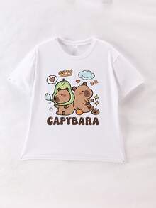 Girls' Cartoon Capybara Print Round Neck Short Sleeve T-Shirt, Casual Style For Spring/Summer - White - View 2