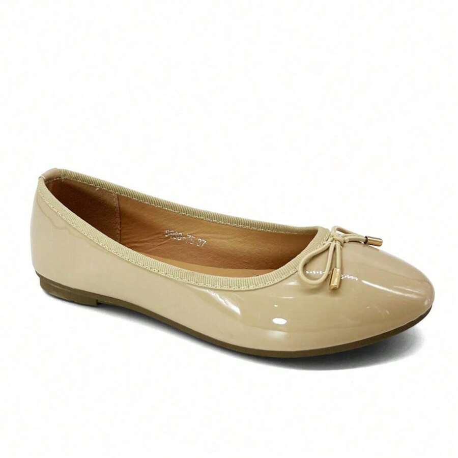 REVREAL Women's Patent Leather Ballet Flats With Bow Decor - Beige - View 1