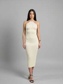 Halter Neck Midi Dress Knit Summer Simple Backless Asymmetrical Formal & Evening Wedding - Sand - View 1