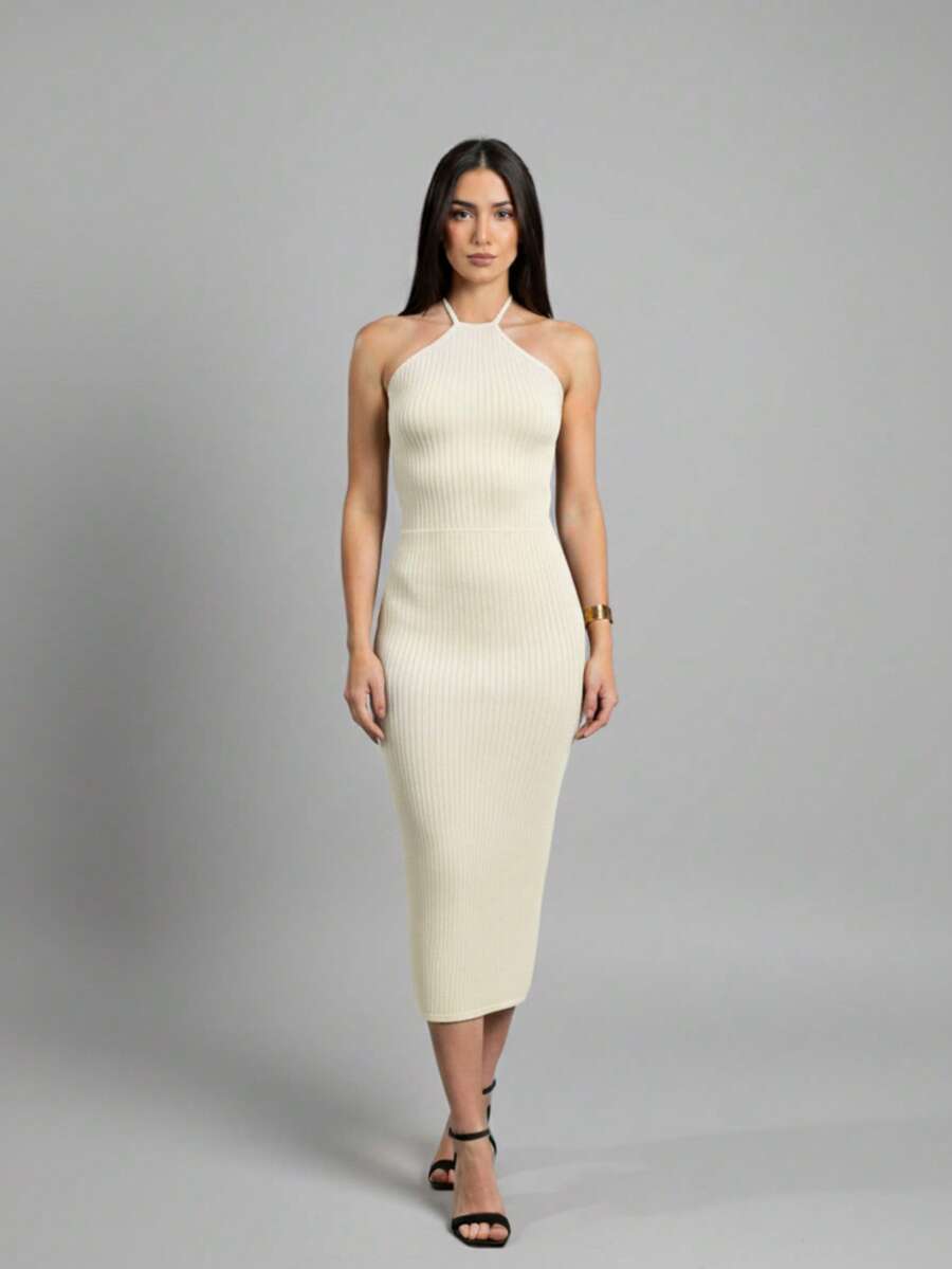Halter Neck Midi Dress Knit Summer Simple Backless Asymmetrical Formal & Evening Wedding - Sand - View 1