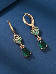 1 Pair 18K Gold Plated Copper Zirconia Heart & Green Water Drop Fashion Earrings, Suitable For Women's Daily Wear, Gift For Birthday Or Holiday - Yellow Gold - View 2