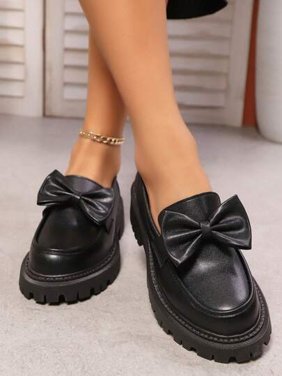 Women's Fashion Round Toe Chunky High Heel Chain Decor Slip-On Shoes, Versatile, Suitable For Spring/Autumn Music Festivals And Parties, Black, Platform Chunky Heel Loafers, Women's Elevator Leather Flats, Business Casual Flat Shoes