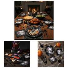 96 piezas platos y servilletas de Halloween, decoracin de de zombi, vajilla para de Halloween, platos de papel para 24 Negru - Negro - Ver 1