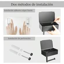 GALASALA Porta Rollos Papel de Baño de Acero Inoxidable SUS304, Soporte con Recipiente de Almacenamiento y Dos Ganchos Adicionales, sin Necesidad de Taladro, Fácil Instalación - Plata - Negro - Ver 3