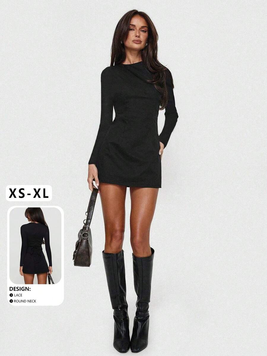 Elegante y de moda vestido mini ajustado con cuello redondo, manga larga y tirantes, nuevo artículo de otoño, vestido de mujer para otoño, vestido negro de primavera - Negro - Ver 1